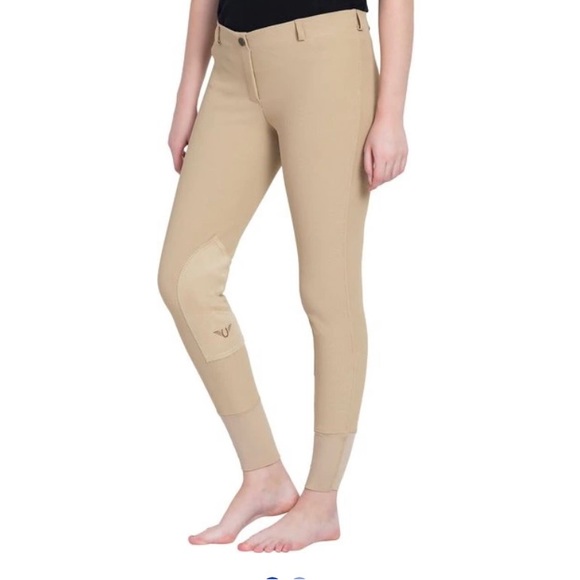 TuffRider Ladies  Ribbed Equestrian riding pants Pull-On Knee leather patch EUC - Picture 1 of 12